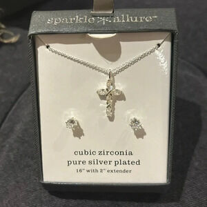 Sparkle Allure cubic zirconia silver cross bling  pendant  neck lace earrings